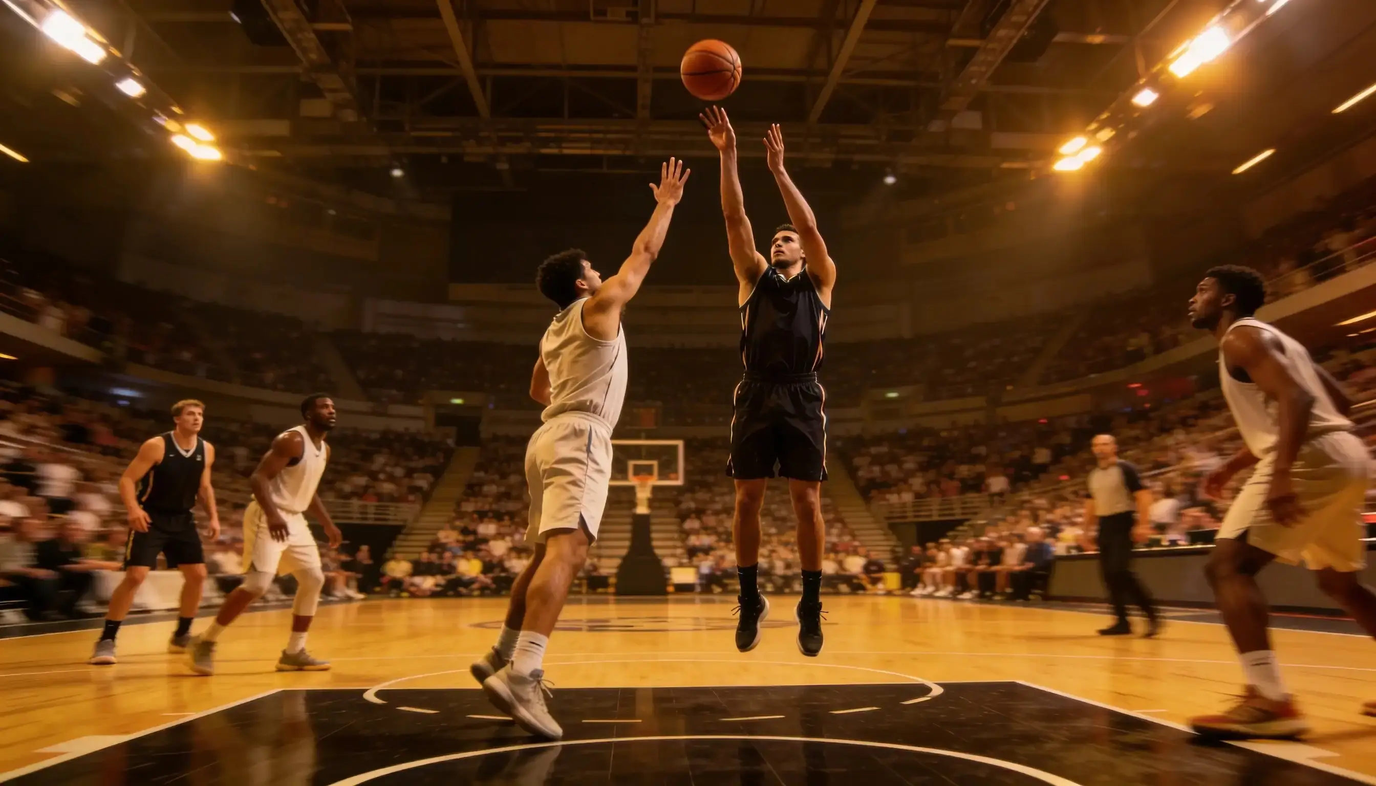 NBA basketball players in action during a game, one player shooting a three-pointer while defenders contest