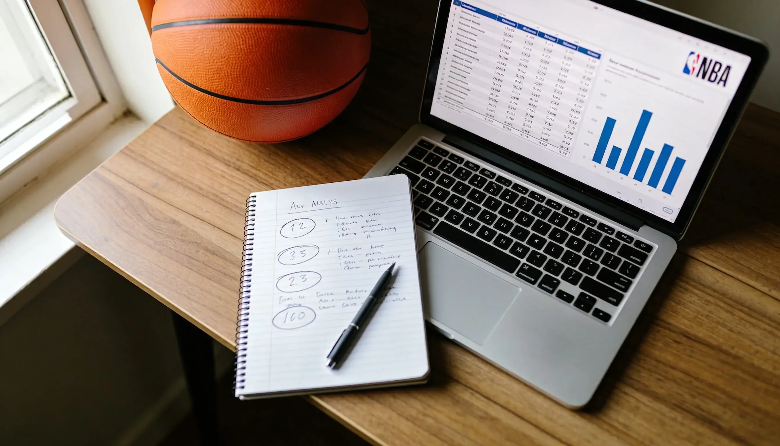 Overhead view of a person analysing NBA statistics on a laptop with handwritten notes and a basketball on the desk