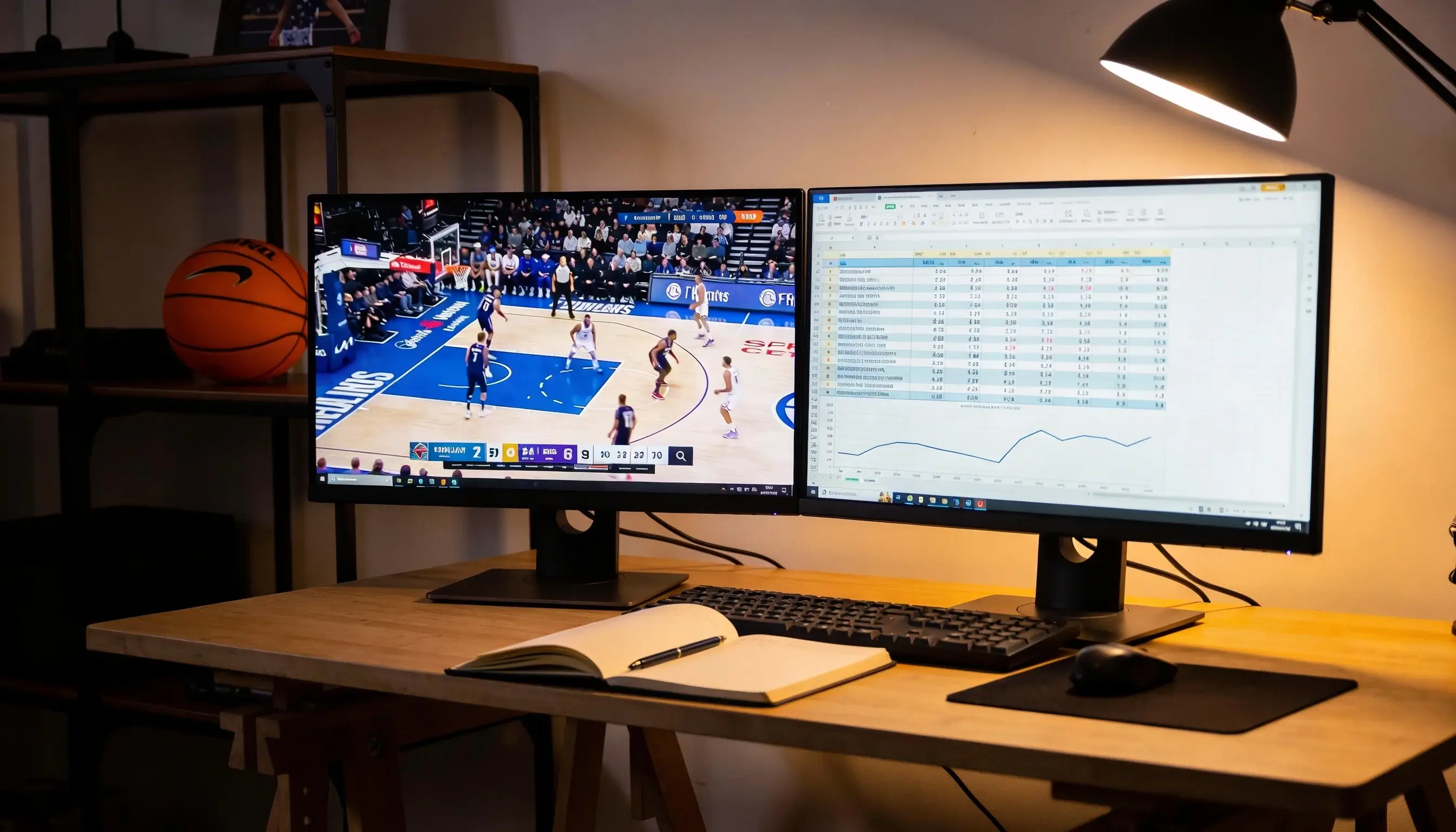 Dual-monitor desk setup showing NBA game footage on one screen and a spreadsheet with player statistics on the other