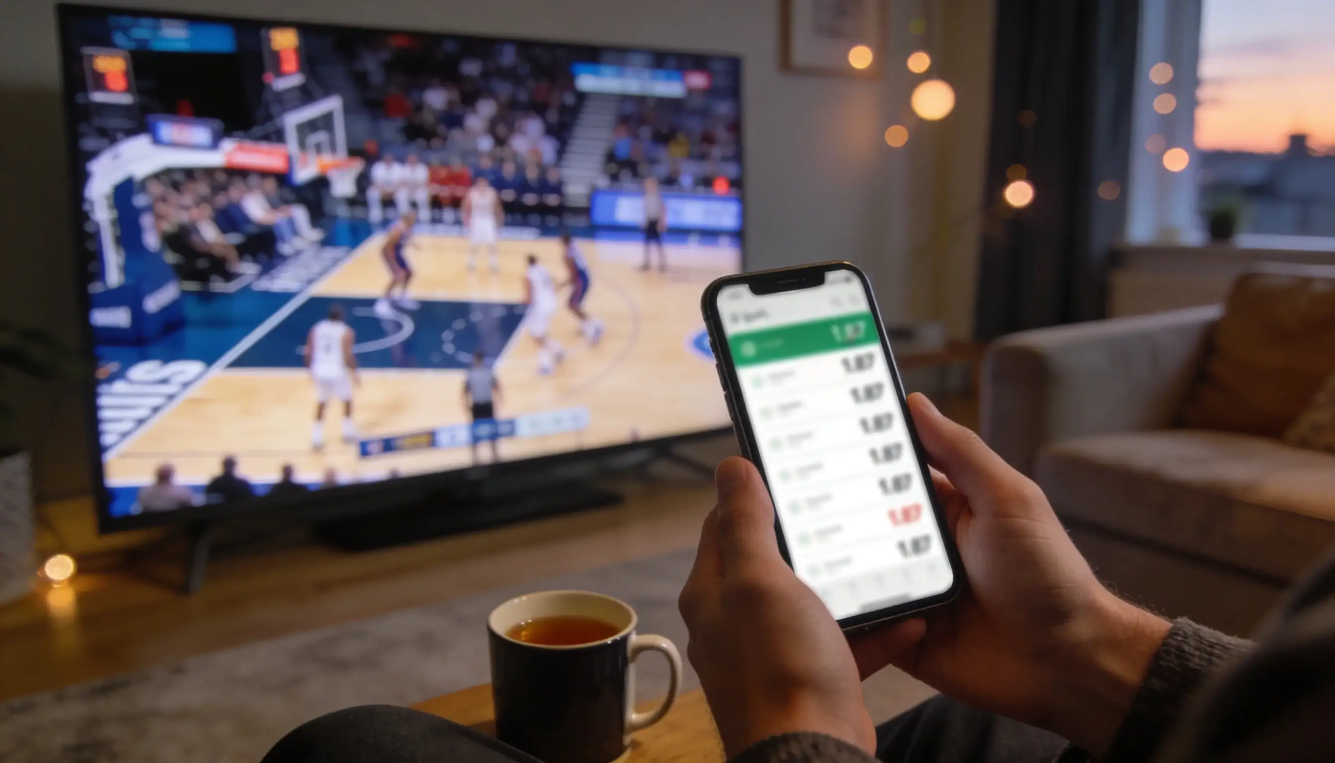 Person browsing NBA basketball odds on a smartphone in a modern UK living room with a television showing a basketball game